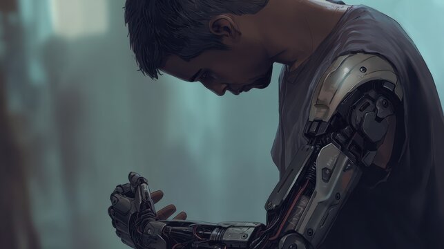 Human with one robotic arm, futuristic yet believable design, cinematic realism 
