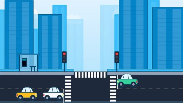 Flat Vector Animation of Busy City Street with Traffic Light Signal