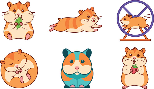 Cute Hamster and Rodent Pet Life Vector Set Hamster Stuffing Cheeks with Leaf Playful Hamster Sploot Running on Exercise Wheel Sleeping Curled Hamster Ball Geometric Teal
