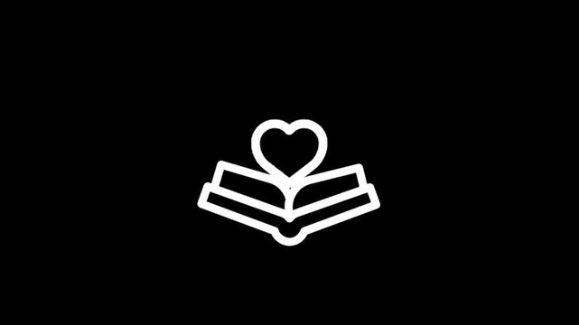 Animated white heart icon above open book on black background