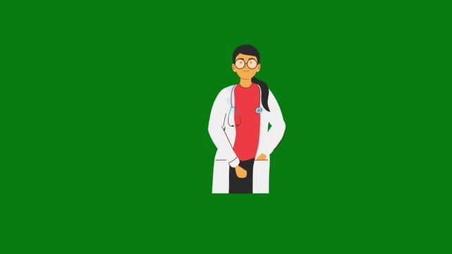 Female doctor character animation with stethoscope and white lab coat, flat 2d vector medical professional standing and posing on green screen background for chroma key video production