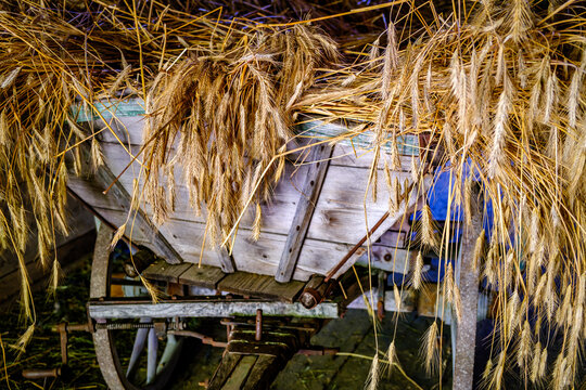 Vintage wooden cart with large wheels resting on a dusty floor in a rustic barn environment during the late afternoon light