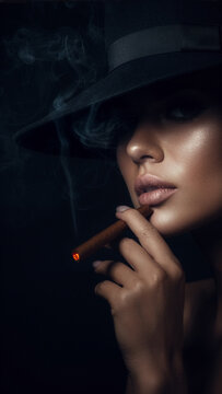 young woman with hat smoking cigar on black background