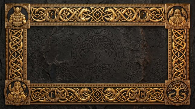 Elegant Art Deco gold geometric frame on a black background with copy space