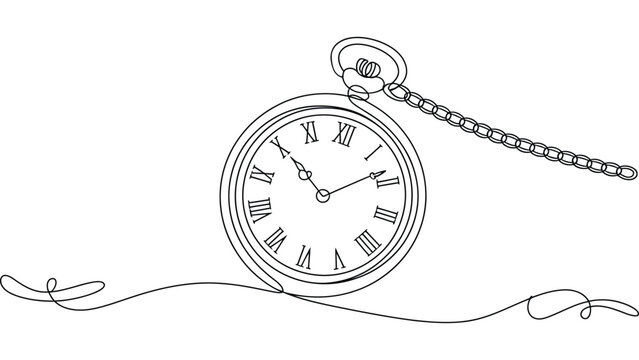 vintage pocket watch continuous line drawing, antique timepiece with roman numerals and chain vector illustration, minimalist outline time and history concept isolated