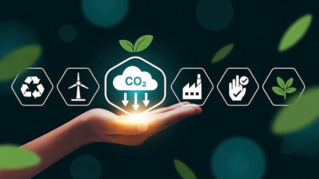 Hand holding glowing CO2 reduction icon representing carbon footprint offset and net zero emission goals
