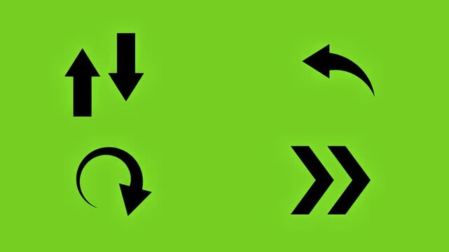 Animated green screen icon pack featuring directional arrows, refresh loops, navigation pointers, and fast-forward symbols.  