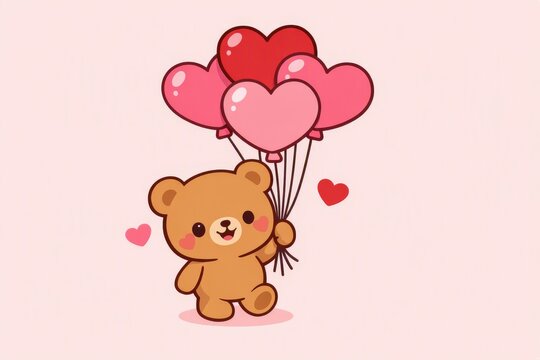 Cute teddy bear holding heart balloons on pastel pink background for valentine's day greeting card poster and romantic celebration design