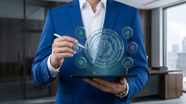 Businessman in a blue suit touching a digital hologram interface with business icons in a modern office environment
