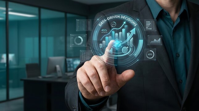 Business person touching a digital hologram interface showing data driven decisions with growth charts and analytics in a modern dark office environment