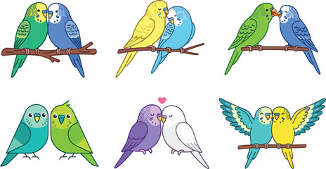 Obraz premium Cute Budgie and Parakeet Pairs Vector Set Green and Blue Budgerigar Couple on Branch Yellow and Sky Blue Perched Birds Kissing Parakeets Sweet Side by Side Standing Birds Romantic Violet