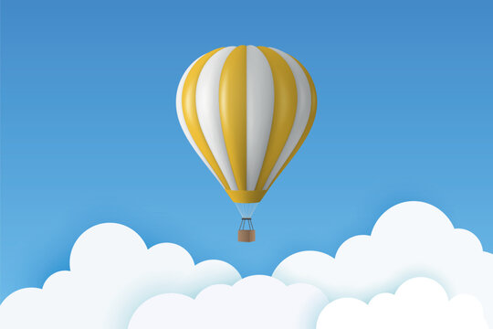 Vector Travel Banner with 3d Realistic Yellow and White Hot Air Balloon Icon on a Blue Sky Background. Design Template, Summer Vacation, Travelling, Tourism and Journey Concept