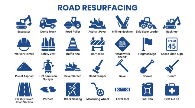 Road Resurfacing Construction Equipment and Tools Icon Set - Isolated on Transparent Background