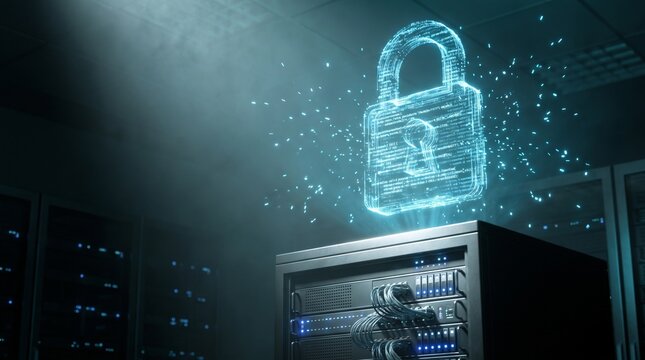 Cybersecurity concept with digital padlock hovering over server rack in data center with copy space