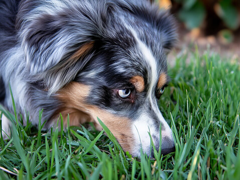 Australian Shepherd dog with blue eyes nibbling fresh green grass close up