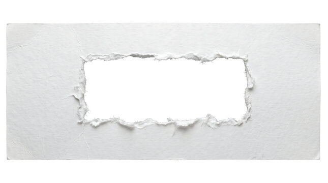 Rectangular torn paper frame with rough edges isolated on transparent
