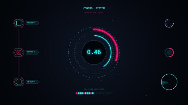 control system hud animation with cyan and pink circular gauge rotating wireframe icons and radar scanner
