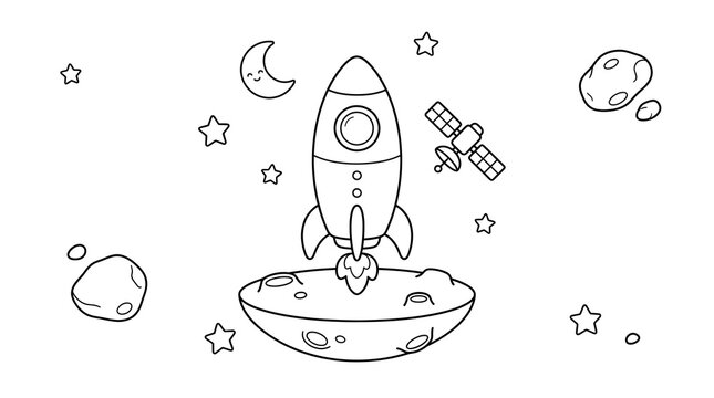 Space rocket launching from planet with moon and stars