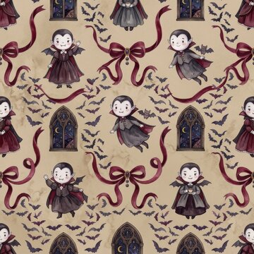 Cute cartoon vampire kids fly with bats near gothic windows and large