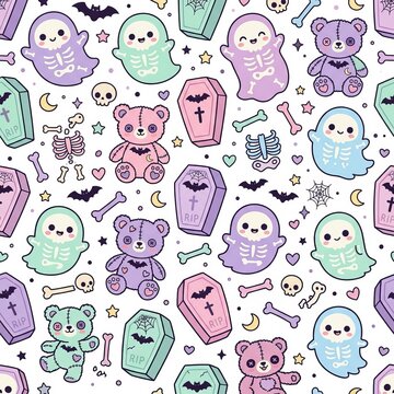 Cute Halloween seamless pattern with pastel teddy bears ghosts coffins