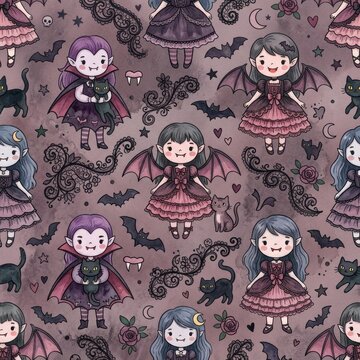 Seamless pattern featuring charming vampire girls in Gothic dresses