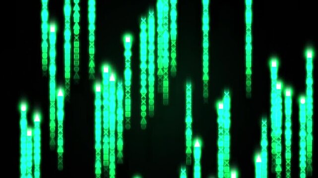 Glowing cyan geometric symbols falling in a digital matrix rain style pattern
