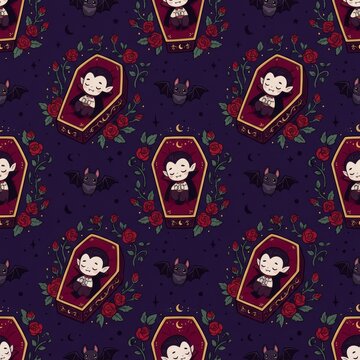 Pattern featuring a cute cartoon vampire in a maroon coffin with bats