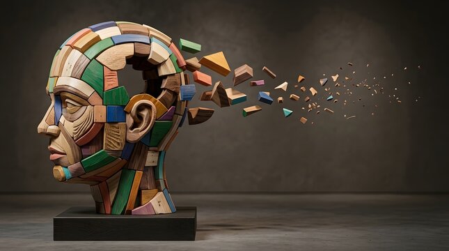 Abstract wooden head sculpture disintegrating