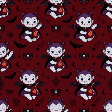 Pattern of cute cartoon baby vampires sitting and drinking juice boxes