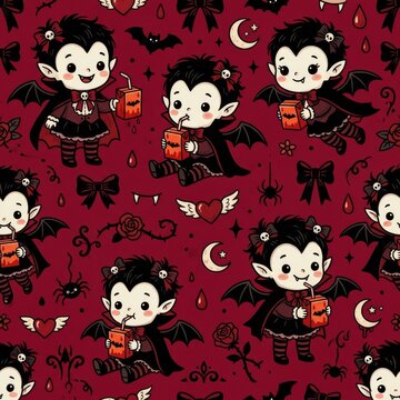 Cute seamless pattern showing cartoon vampire children sipping juice