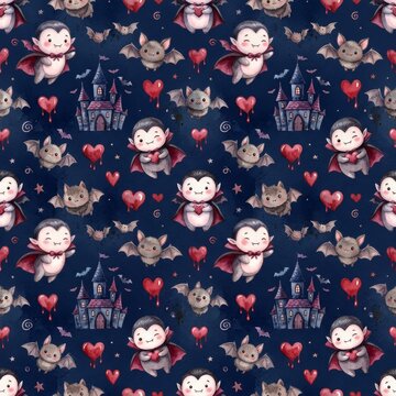 Seamless pattern with cartoon vampire bats and cute vampires holding