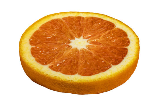 Fresh orange citrus cross section showing juicy pulp and rind