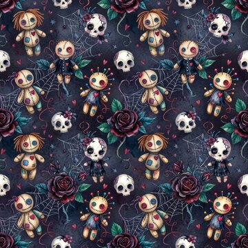 Seamless pattern of voodoo dolls with pins skulls dark roses and