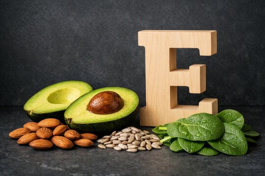 Foods rich in vitamin e with avocado almonds seeds and spinach arranged with wooden letter e for nutrition poster and healthy eating background
