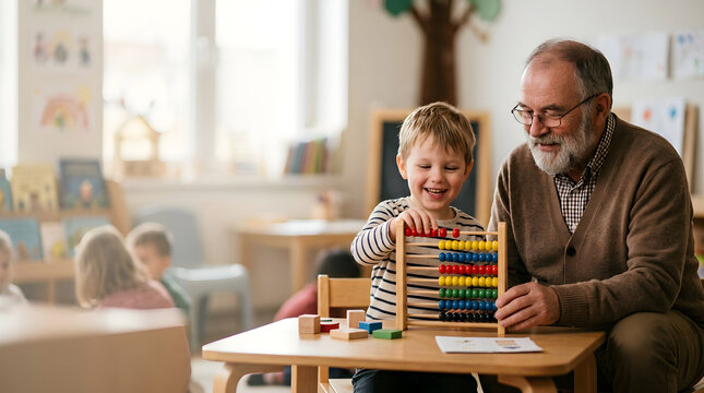 Elderly male teacher helping a young boy learn mathematics using a colorful wooden abacus inside a bright and cheerful preschool classroom.
