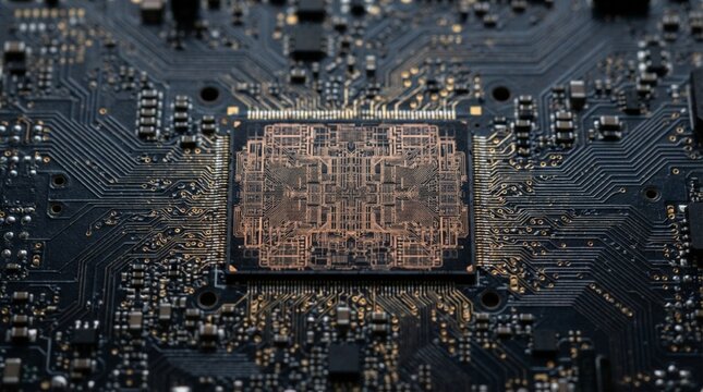 Close up of a central processing unit chip on a dark computer motherboard