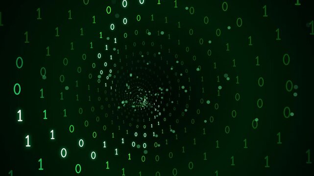 green binary data tunnel with glowing particles and digital technology motion background