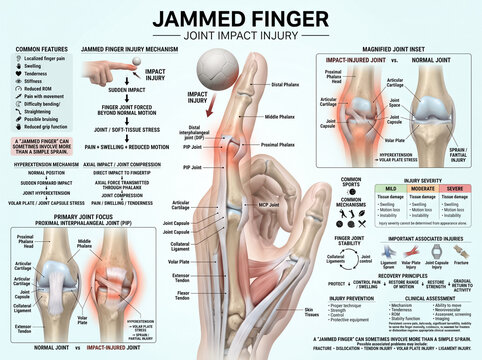 Detailed medical illustration explaining jammed finger joint anatomy impact injury mechanisms physical therapy and recovery principles