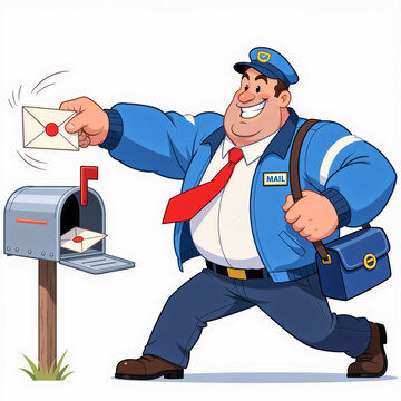 Confident mailman with huge arms tossing letter into mailbox on white background with a grin.