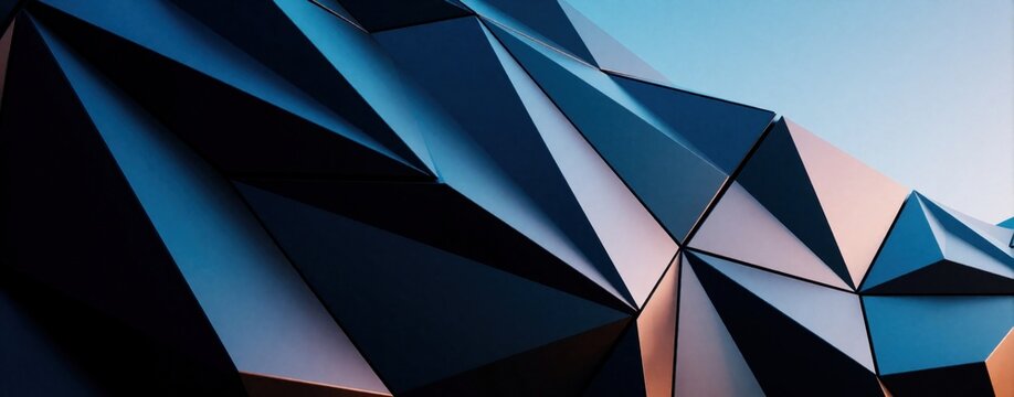 Abstract modern architecture with geometric pattern in blue, black hues. Sharp triangular shapes create futuristic building facade at twilight. Dark metal structure with smooth surfaces provides