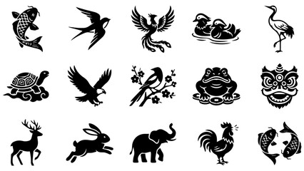 Fototapeta premium Set of black silhouette animal icons featuring birds fish mammals and traditional asian symbols