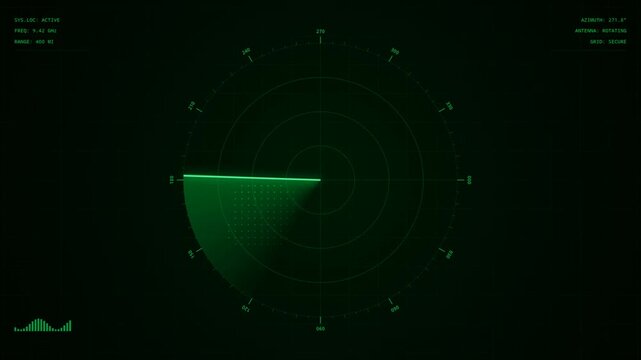 rotating green radar antenna animation with compass bearing scale and range rings on dark tactical screen