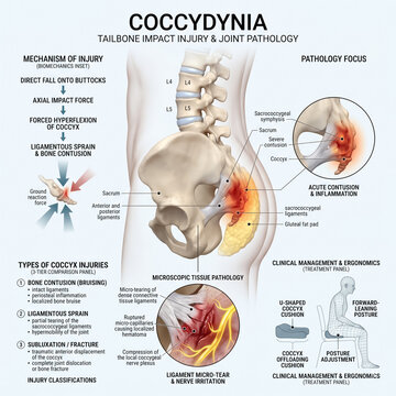 Detailed medical illustration showing coccydynia tailbone injury biomechanics mechanism and clinical management ergonomics options on white background