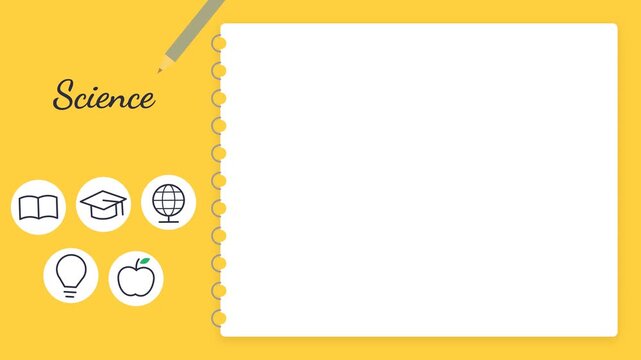 Cursive school subjects written by a pencil with education icons beside an empty notebook page
