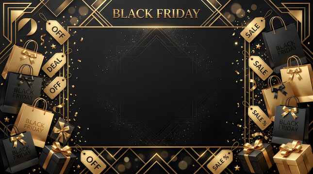 Black friday sale shopping bags with deals banner