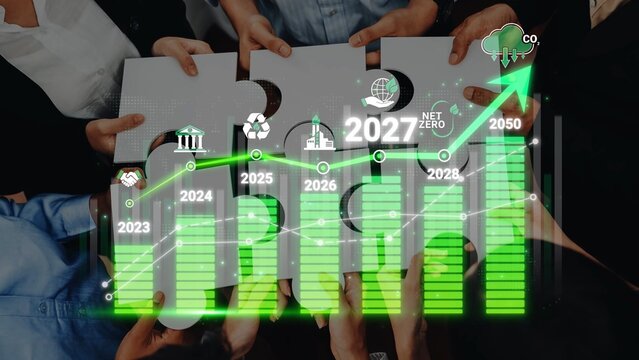 Hands Collaborating to Achieve Sustainability Goals with Green Growth Chart, Future Timeline for Net Zero Emissions by 2050, Environmental and Corporate Responsibility Sigmoid