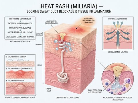 Detailed medical illustration showing heat rash miliaria mechanisms including eccrine sweat duct blockage and tissue inflammation