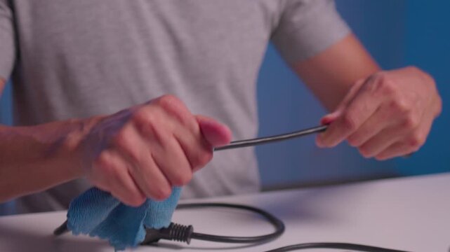 Hands twisting and wringing neon green microfiber cloth around small black connector and cable while wiping contacts with focused grip, textured folds, and pressure in studio close-up