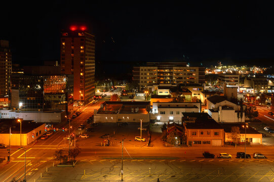 Anchorage Alaska downtown aerial cityscape at twilight with dramatic cloudscape in United States