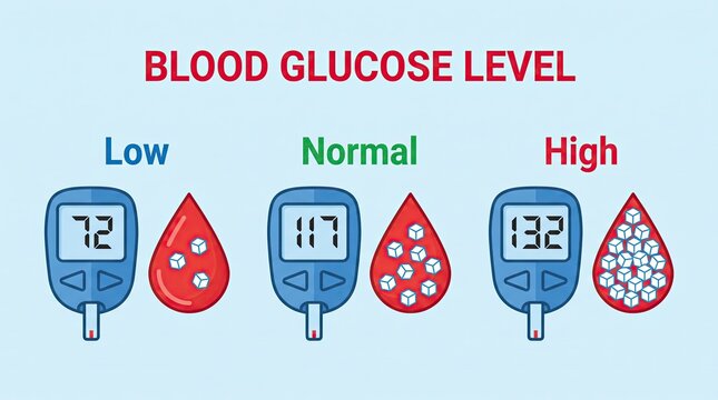 Blood glucose level chart showing low, normal, and high readings